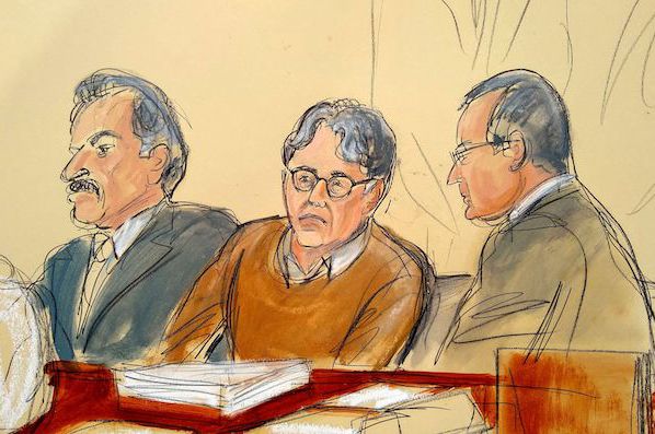 Keith Raniere, pictured with his lawyers, in a courtroom sketch from the first week of the trial.